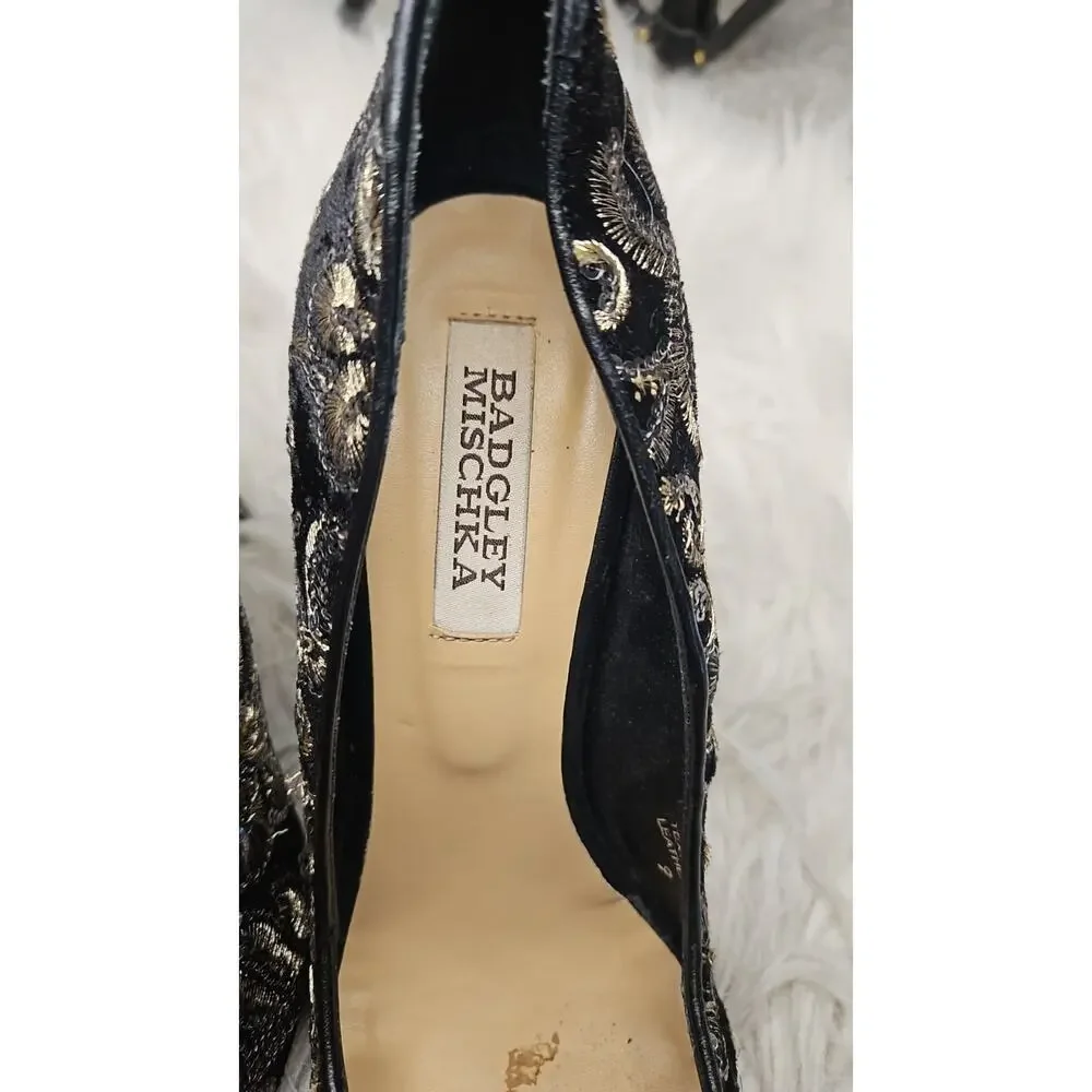 Badgley Mischka Black & Gold Sequin Pumps - Embroidery Lace Heels - Size 9 - Picture 7 of 7